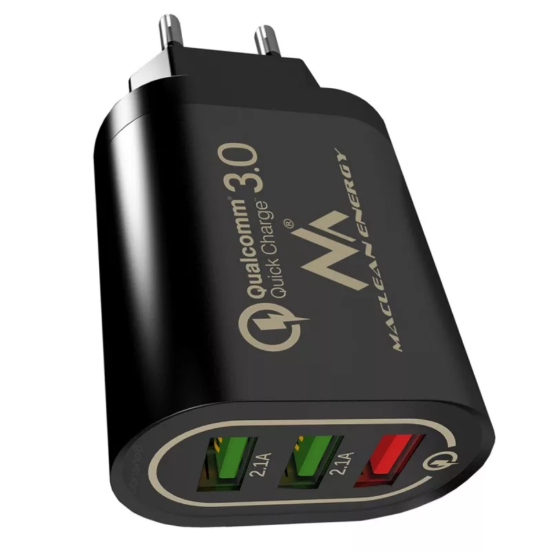 Caricabatterie da parete USB MACLEAN MCE479B — 3 porte USB, 18W di potenza totale, compatto