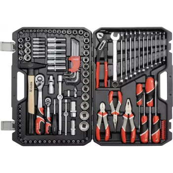 Set di utensili da meccanico YATO YT-38901 — set da 122 pezzi con chiavi a bussola (12–32 mm), cricchetto, prolunghe, cacciaviti, martello, pinze, finitura cromata