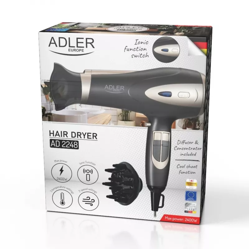 Asciugacapelli Adler AD 2248gc 2200W — ionico, 2 velocità, 3 temperature, getto freddo, diffusore, concentratore, cavo 1,8 m