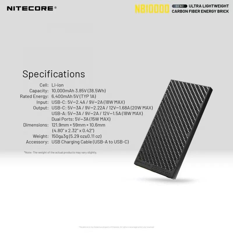 Powerbank portatile Nitecore NB10000 — 10000 mAh, USB‑A + USB‑C, uscita totale 38 W, grigio