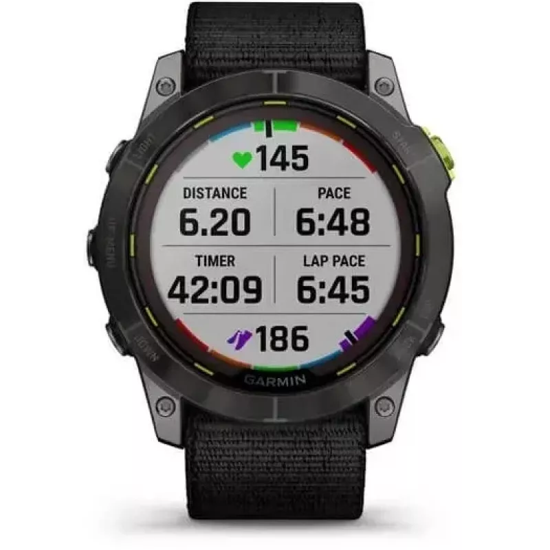 Orologio sportivo Garmin Enduro 2 Sapphire Solar 35 mm, schermo tattile MIP 1,4" 280 x 280, 32 GB, GPS, Wi-Fi, cassa in titanio DLC Carbon Grey, cinturino nero