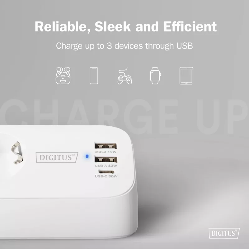 Ciabatta DIGITUS 3 prese con 2×USB-A e 1×USB-C, 3 prese AC tipo E/F, cavo 1,5 m, bianco