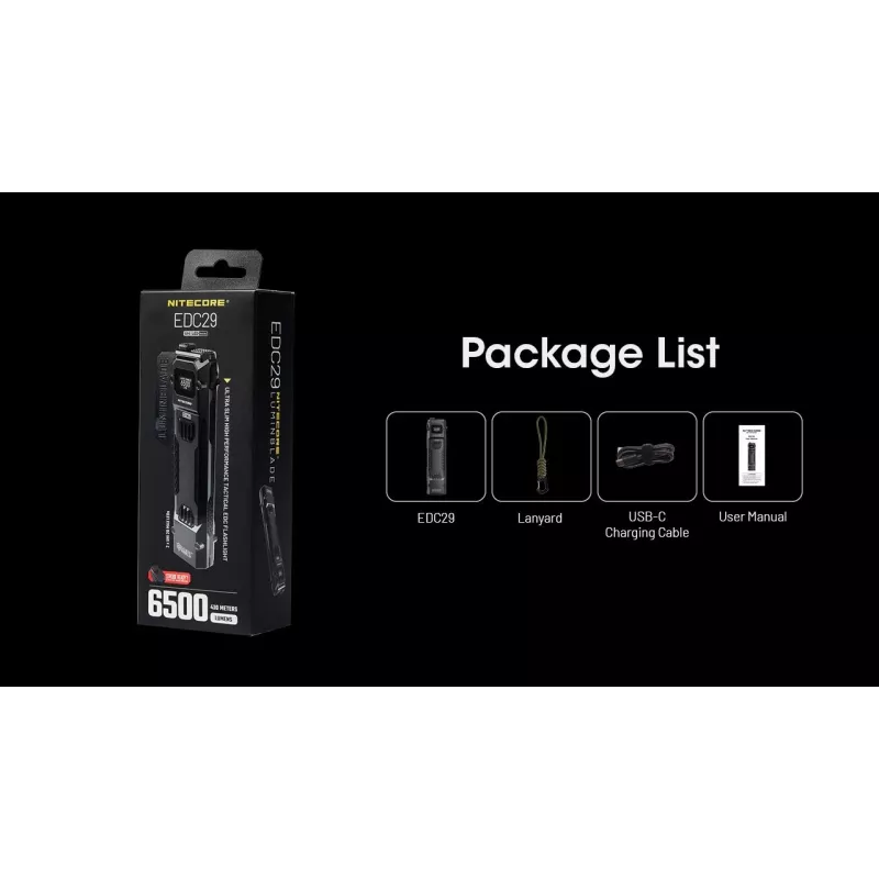 Torcia portatile Nitecore EDC29 corpo in acciaio inox, 2 LED, 15–6500 lm, IP54, USB ricaricabile