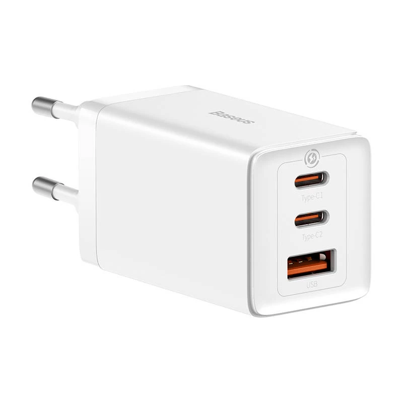 Caricabatterie da parete Baseus GaN5 Pro 65W — USB + 2×USB-C (QC3.0, PD3.0) con cavo USB-C 1m, bianco