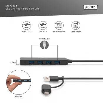 Hub USB, Digitus, DA-70235, 4 porte, USB 3.2 Gen 1, Type-A e Type-C, 12000 Mbit/s
