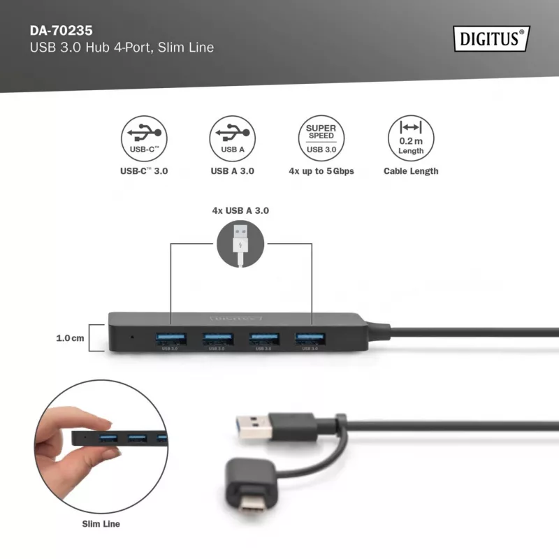 Hub USB, Digitus, DA-70235, 4 porte, USB 3.2 Gen 1, Type-A e Type-C, 12000 Mbit/s