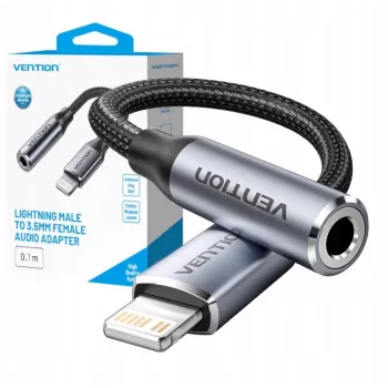 Adattatore audio Vention Lightning su 3,5 mm BMBHA, adattatore cablato Lightning su 3,5 mm con cavo da 0,1 m, grigio