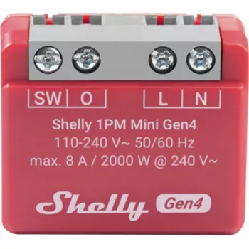 Interruttore smart Shelly 1PM Mini Gen4, wireless 110–240 V AC, max. 8 A / 2000 W, custodia in plastica 34×16×29 mm