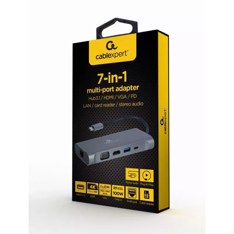 Gembird A-CM-COMBO7-01 Dock per notebook/replicatore di porte USB 3.2 Gen 1 (3.1 Gen 1) Type-A grigio