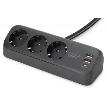Ciabatta multipla DIGITUS 3 prese con 2×USB-A & 1×USB-C, 3 prese AC Tipo E/F, cavo 1,5 m, nero