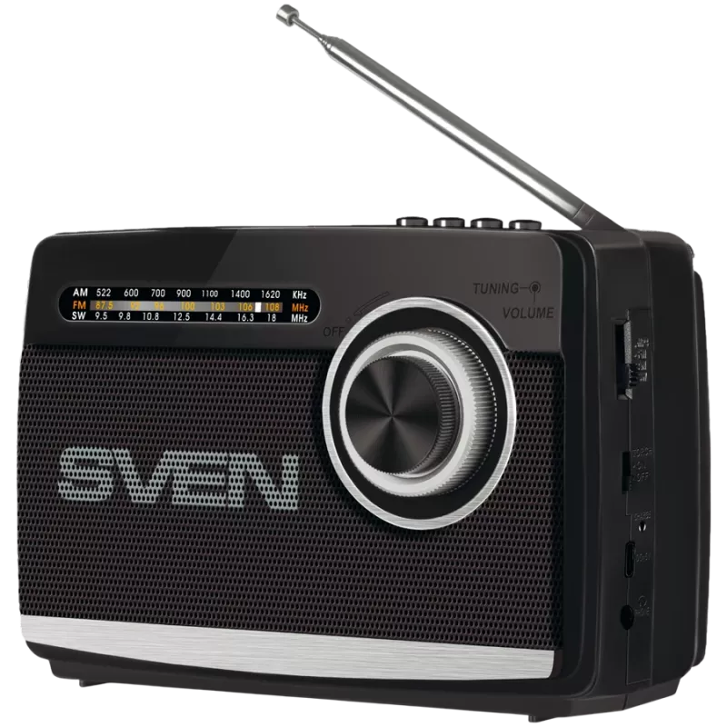 Altoparlante SVEN SRP-155, nero (3W, Bluetooth, FM/AM/SW, USB, microSD, torcia, batteria ricaricabile)