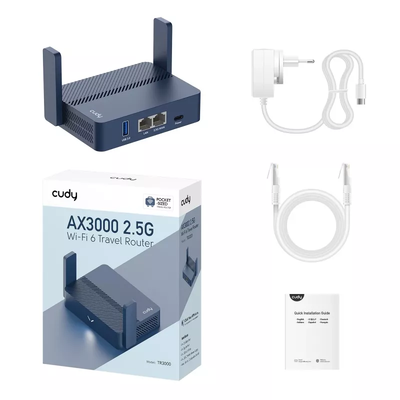 Router portatile Cudy TR3000 AX3000 Wi‑Fi 6, Gigabit Ethernet WAN/LAN, USB-A, antenne esterne, blu