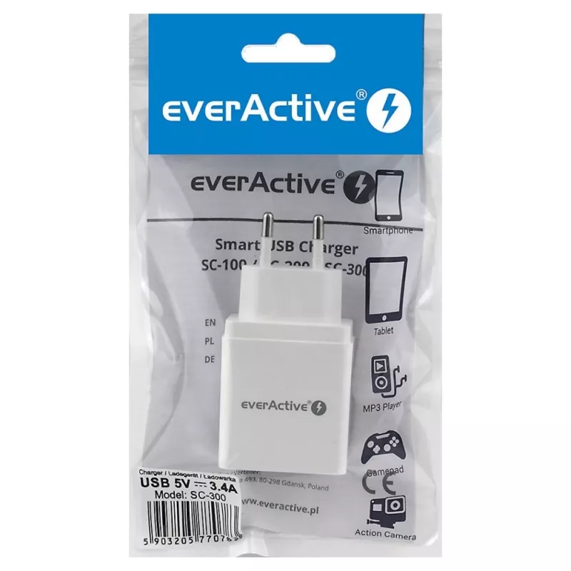 Everactive CARICABATTERIE TELEFONO 3X USB 3, 4A BIANCO