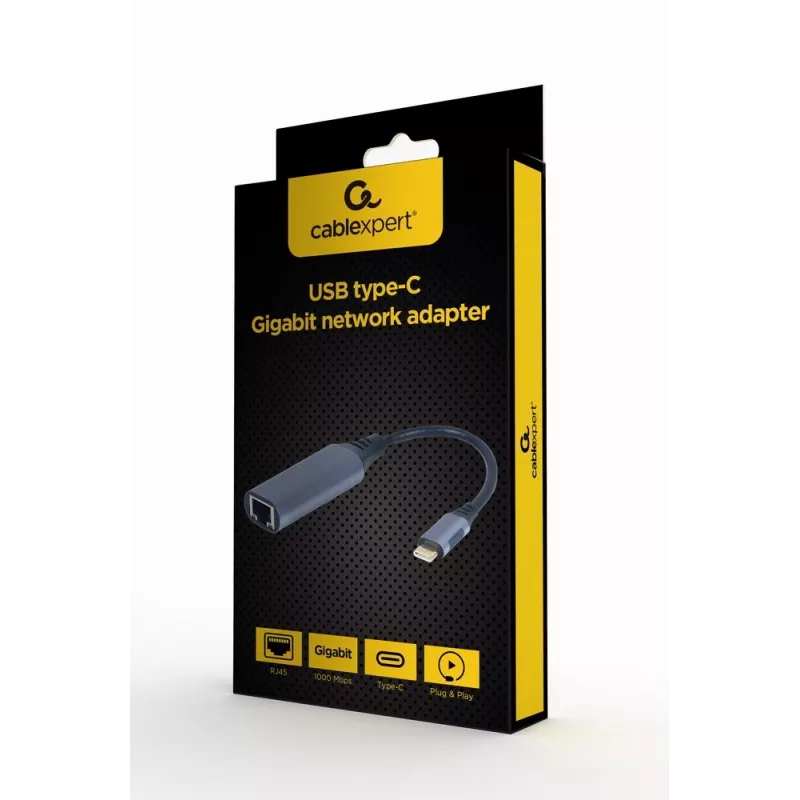 Adattatore di rete Gembird A-USB3C-LAN-01 Type-C USB 3.2 Gen 1, Gigabit RJ-45, cavo 0,15 m, case in metallo, grigio/nero