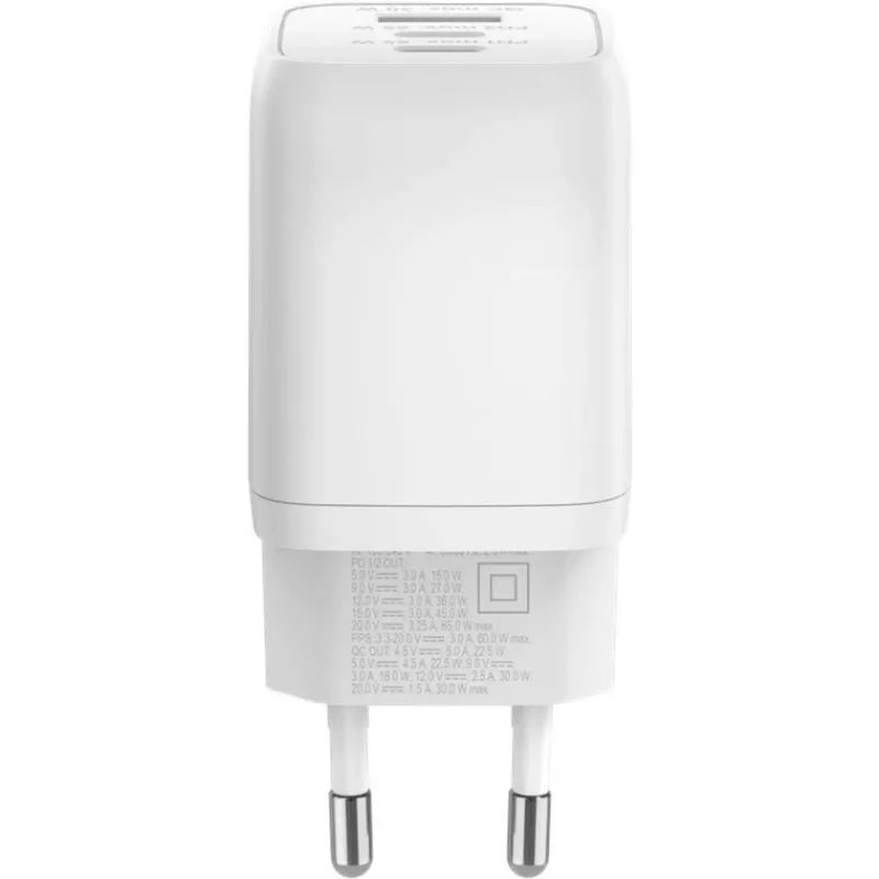 Caricabatterie rapido USB-C Nano, PD, GaN, 65 Watt (bianco, 1x USB-A, 2x USB-C PD, Charge 3.0)