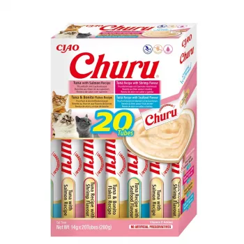 Snack umidi per gatti INABA Churu Variety Box Seafood — 20 x 14 g tubetti, pasta di pesce, senza cereali, senza zucchero e glutine