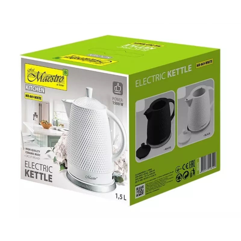 Maestro MR-069-WHITE Bollitore elettrico in ceramica, 1,5 L, 1500 W, bianco