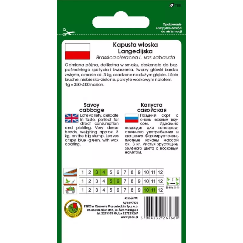 PNOS cavolo verza Langedijska semi di ortaggi, 2 g
