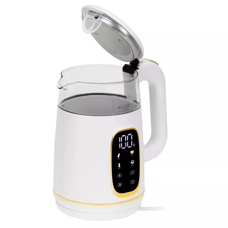 Bollitore Adler AD 1305WG — 1,7 l, 2200 W, vetro/plastica, bianco/oro/trasparente