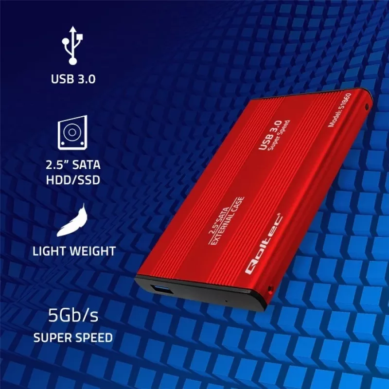 Case per HDD/SSD QOLTEC 51860 per unità SATA III da 2,5 inch, USB Type-A, 5 Gbit/s, alluminio, rosso