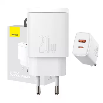 Caricabatterie da parete Baseus Compact 1x USB-A + 1x USB-C 3A, adattatore da viaggio compatto