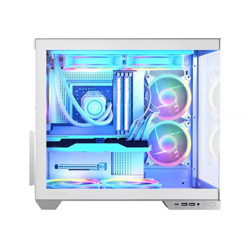 Case PC MODECOM Volcano Panorama Midi Tower bianco — micro ATX, vetro temperato, ARGB, USB-C, supporta GPU 400 mm