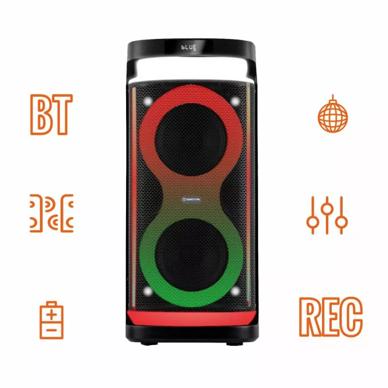 Altoparlante portatile MANTA SPK0601B100, 100 W, Bluetooth, karaoke, microfono wireless, batteria ricaricabile, equalizzatore, illuminazione disco