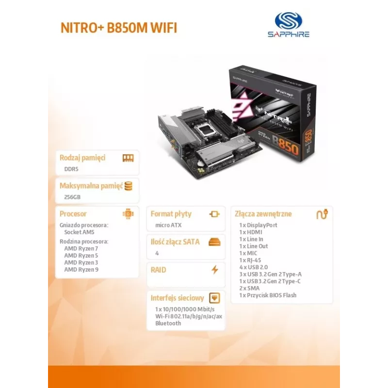 Scheda madre Sapphire NITRO+ B850M WIFI — AMD B850, socket AM5, micro ATX, DDR5, 4x DIMM, Wi-Fi 6, LAN 2,5Gb, 2x M.2