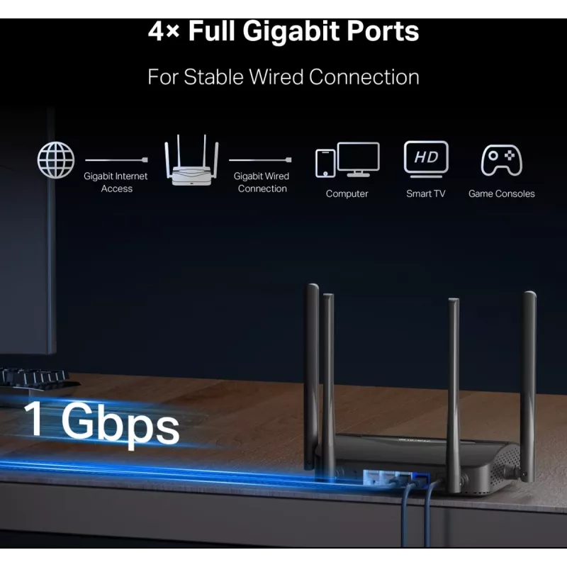 Router da tavolo MERCUSYS MR25BE EasyMesh Wi‑Fi 7 dual‑band 2,4/5 GHz, 3600 Mbit/s, 3× Gigabit-LAN, 4 antenne esterne