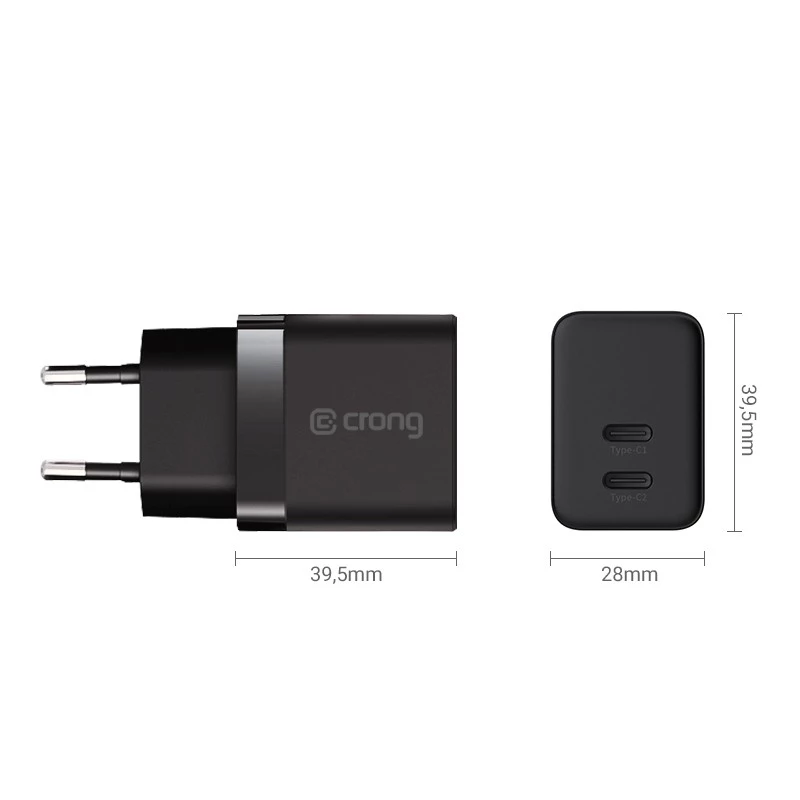 Caricabatterie da parete Crong Ultra Compact GaN 35W PD 3.0 2x USB-C (nero)