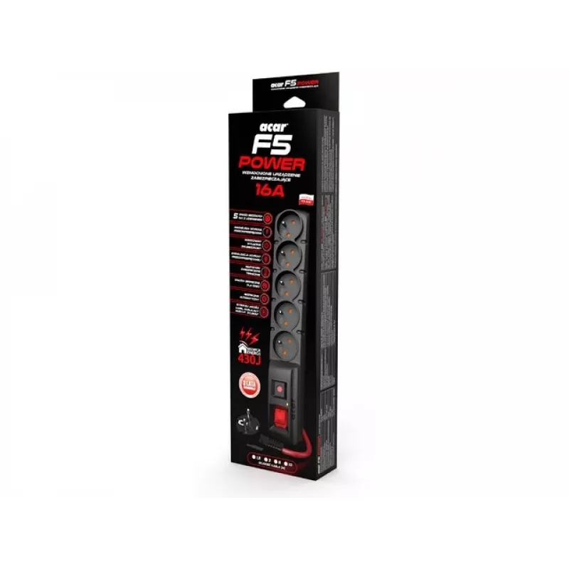 ACAR F5 POWER ciabatta con protezione da sovratensioni, 5 prese, 16 A, con interruttore, 1,5 m, nera