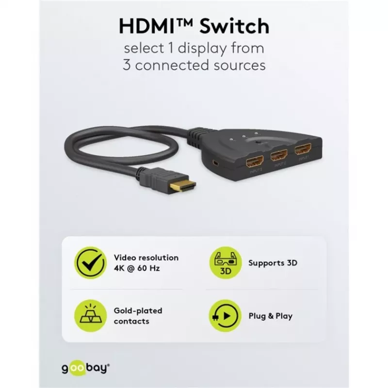 Selettore HDMI 3 to 1 (4K @ 60Hz), switch HDMI (nero, cavo 55cm)
