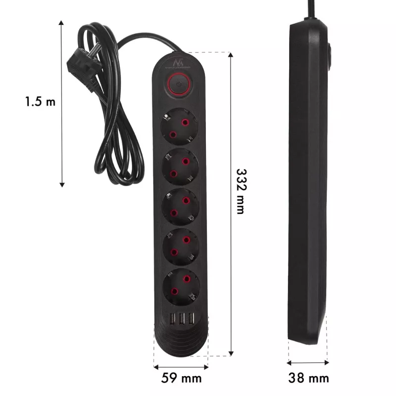 Ciabatta MACLEAN MCE395 B — 5 prese, 3×USB, 110–240V AC, 2,1A USB, 2500W, cavo 1,5 m, nero