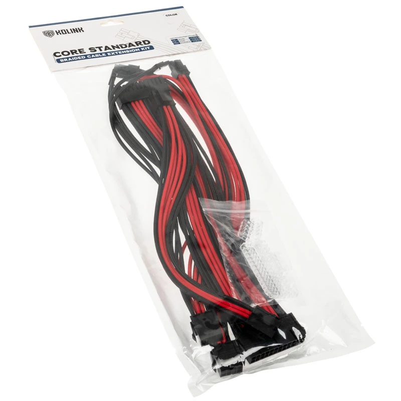 Kit di prolunga cavi Kolink Core Standard Braided – nero profondo / rosso racing, 24‑Pin + 8‑Pin + 6+2‑Pin + SATA