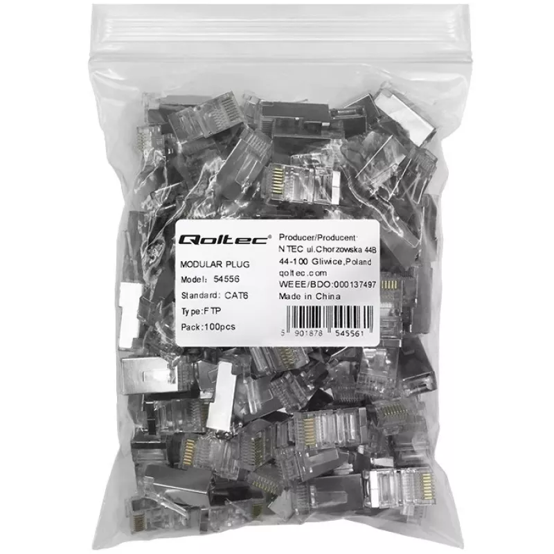 Connettore modulare RJ45 QOLTEC 54556 CAT6 FTP, argento, 18×22×11 mm, confezione da 100