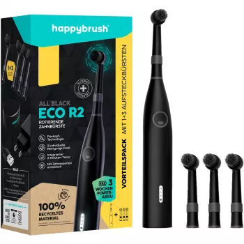 happybrush ECO R2 Allblack, adulto, spazzolino elettrico vibrante, pulizia profonda, lucidante, sensibile, 8800 movimenti al minuto, nero, Germania