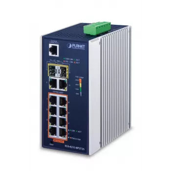 Switch managed PLANET IGS-4215-8P2T2S — 10x Gigabit RJ-45, 2x SFP, 8x PoE+ (240W), 48–56V DC, L2/L4, IP30, montaggio su guida DIN/parete