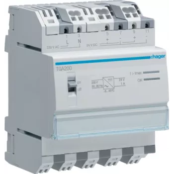Hager TGA200. Numero di poli: 4P. Tensione di ingresso AC: 230 V, frequenza di ingresso AC: 50/60 Hz (TGA200)