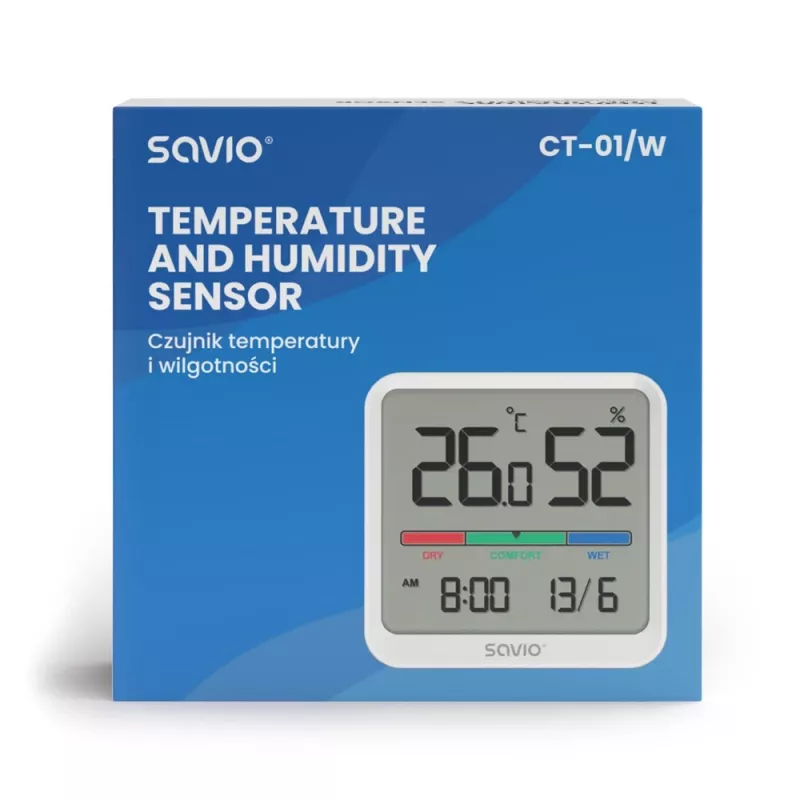 Sensore di temperatura e umidità per interni SAVIO CT-01/W, display LCD, -10–55 °C, 10–99 % rH, batteria CR2032