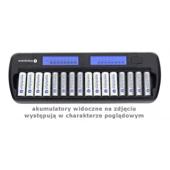 Caricabatterie everActive NC-1600 — caricabatterie universale DC per Li-Ion, supporta 16 celle, dimensioni compatibili AA/AAA/C, nero, AC 100–240V 50–60Hz