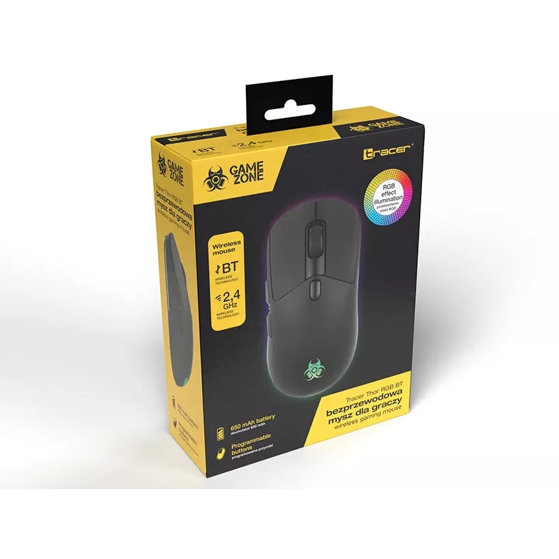 Tracer GameZone Thor RGB mouse gaming wireless, 2,4 GHz + Bluetooth, 10000 DPI, nero
