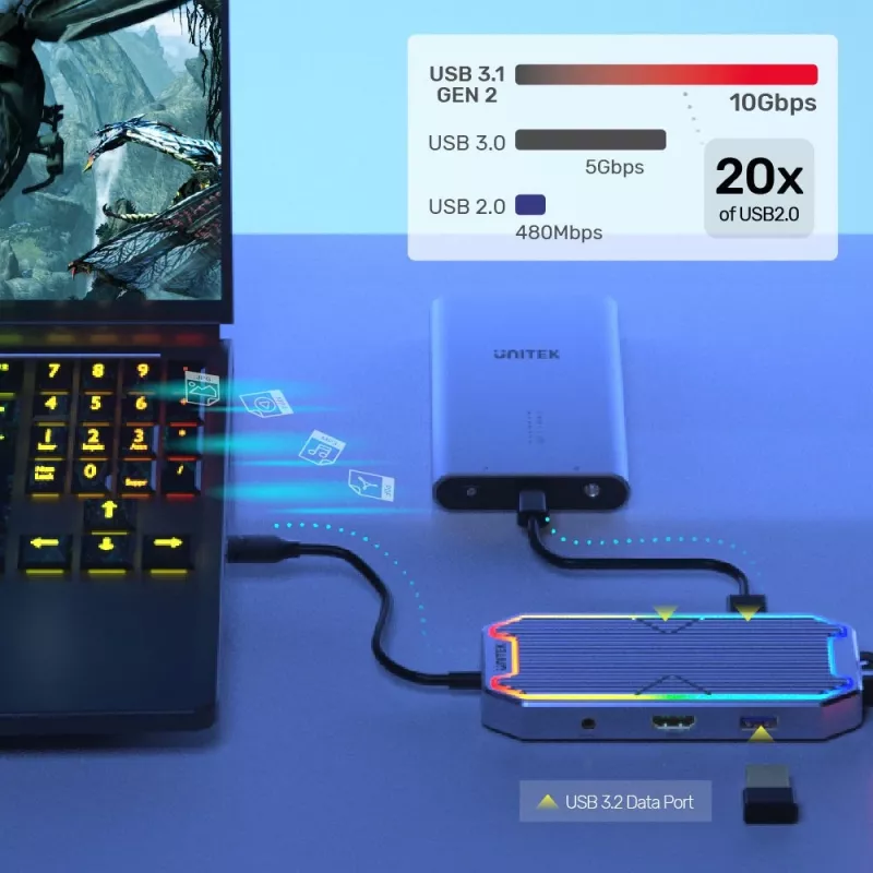 Unitek uHUB S7+ D1029A hub USB-C, USB 3.2 Gen 2 10 Gbps, HDMI 2.0, Gigabit RJ45, audio da 3,5 mm, 100 W, grigio