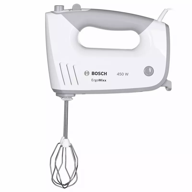 Frullatore a mano Bosch MFQ36480 – 450 W, 5 velocità con turbo, grigio/bianco, fruste e ganci per impastare