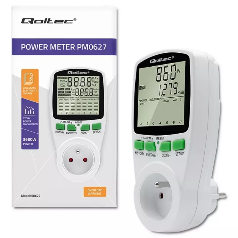 Misuratore di potenza QOLTEC PM0627 3680W con storico — QOLTEC PM0627 3680W
