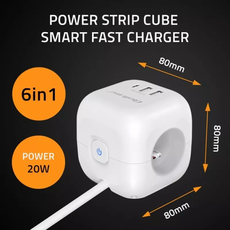 Power Cube QOLTEC 52547 ciabatta 3×prese AC, 2×USB-A, 1×USB-C PD 20W