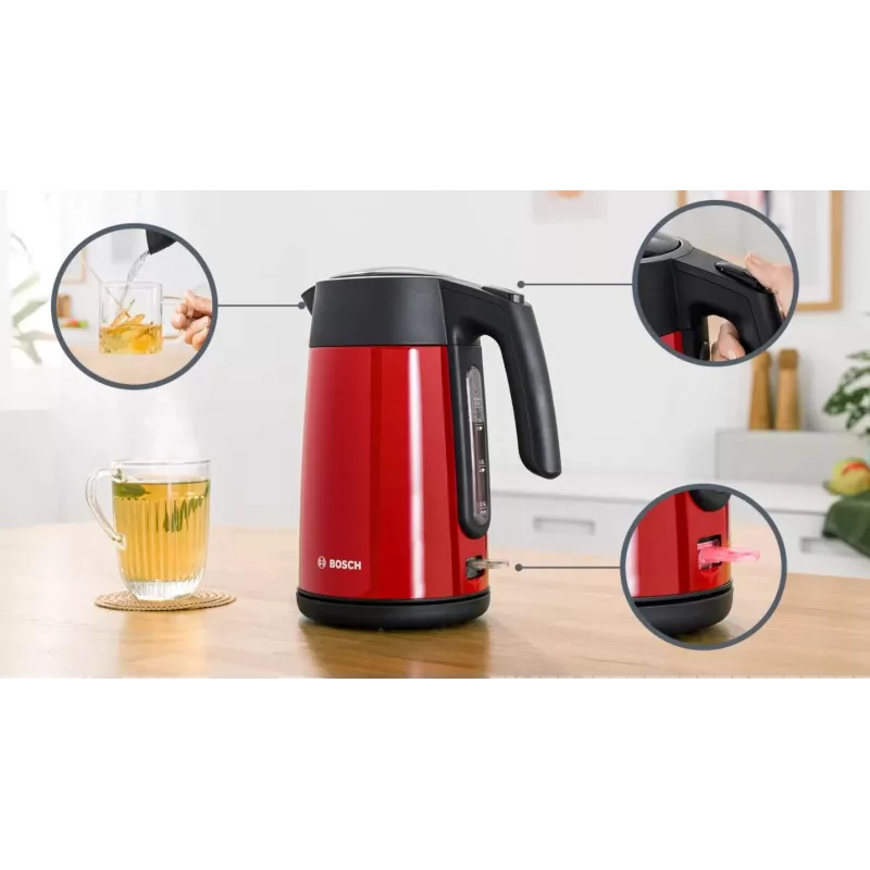 Bollitore elettrico Bosch TWK7L464 – capacità 1,7 L, 2400 W, rosso, corpo in plastica