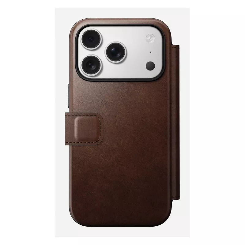 Custodia per smartphone Nomad Modern Leather Folio per iPhone 17 Pro, pelle/alluminio, 16 cm (6,3 pollici) marrone, 4 scomparti per carte