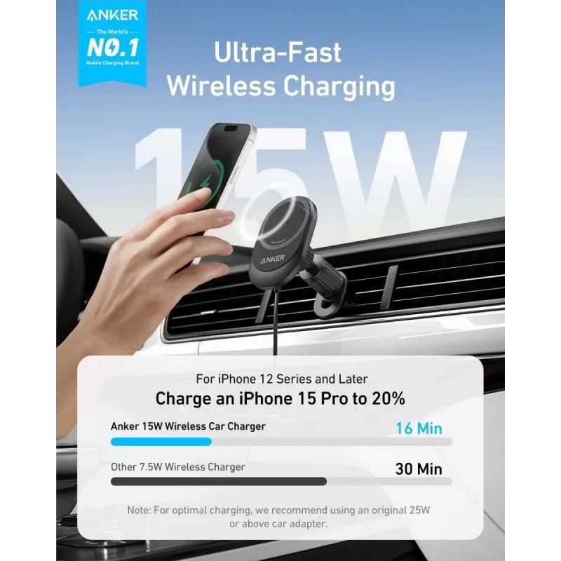 Caricabatterie magnetico wireless per auto Anker MagGo 15W — ricarica rapida magnetica Qi 15W per smartphone, nero