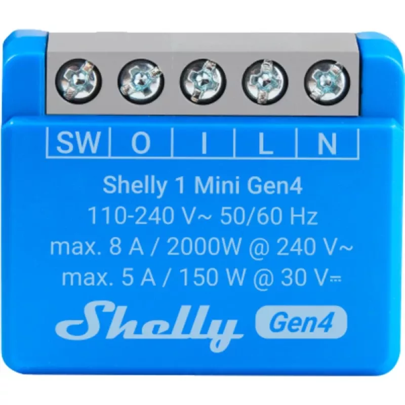 Modulo relè smart compatto Shelly 1 Mini Gen4, 1P 8A, Wi‑Fi/Matter/Zigbee/Bluetooth, 110–240 V (2 pezzi)