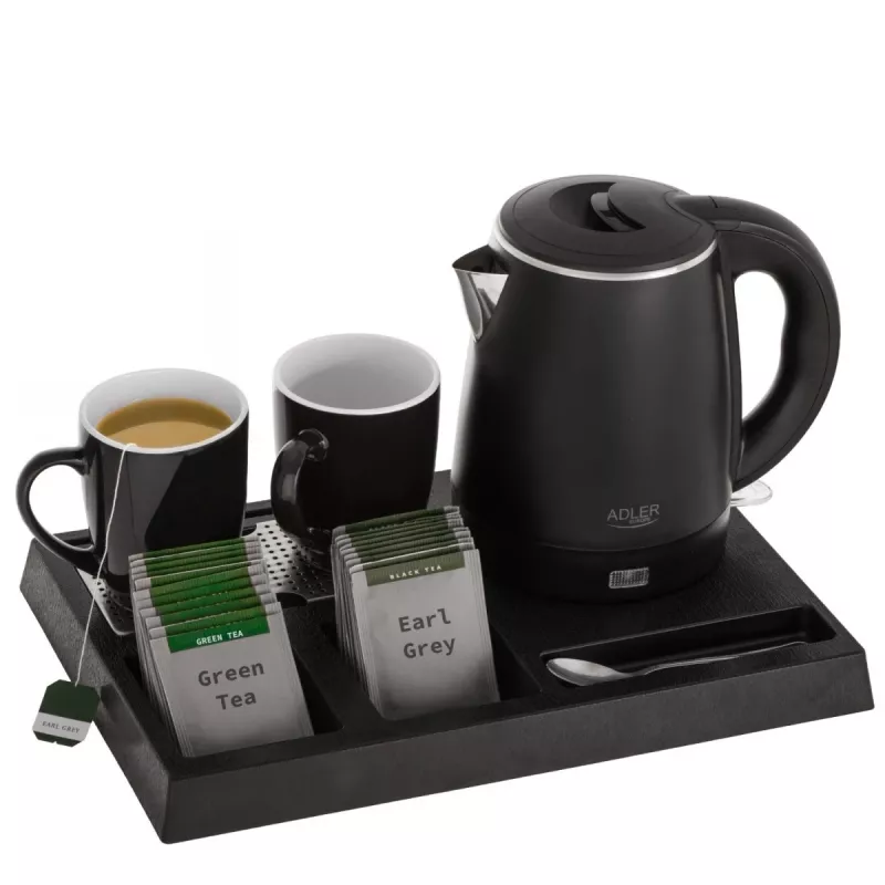 Adler AD 1387 bollitore elettrico da hotel con vassoio e tazze, 1 l, acciaio inox